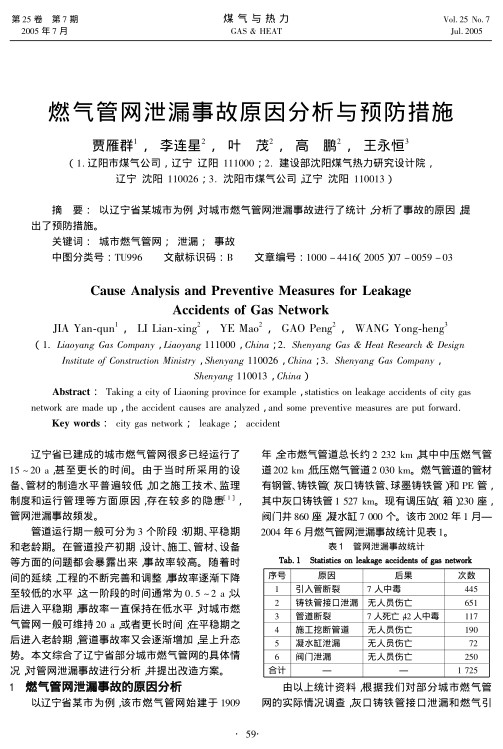 以辽宁省某城市为例，对城市燃气管网泄漏事故进行了统计，分析了事故的原因，提出了预防措施。