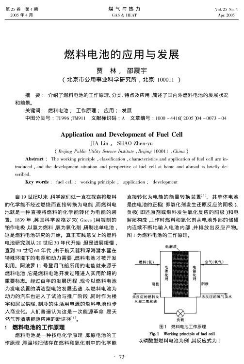 介绍了燃料电池的工作原理、分类、特点及应用，简述了国内外燃料电池的发展状况和前景。
