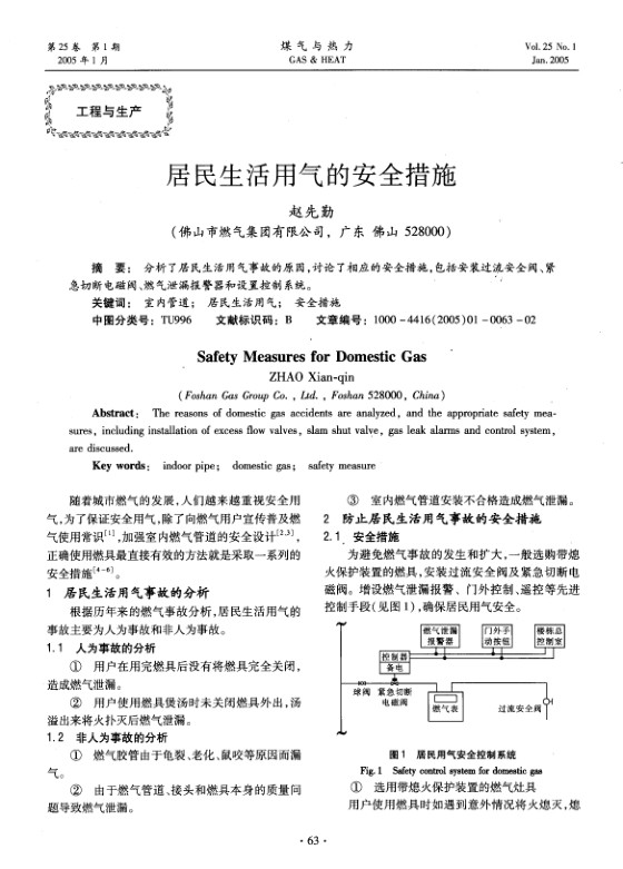 分析了居民生活用气事故的原因，讨论了相应的安全措施，包括安装过流安全阀、紧急切断电磁阀、燃气泄漏报警器和设置控制系统。