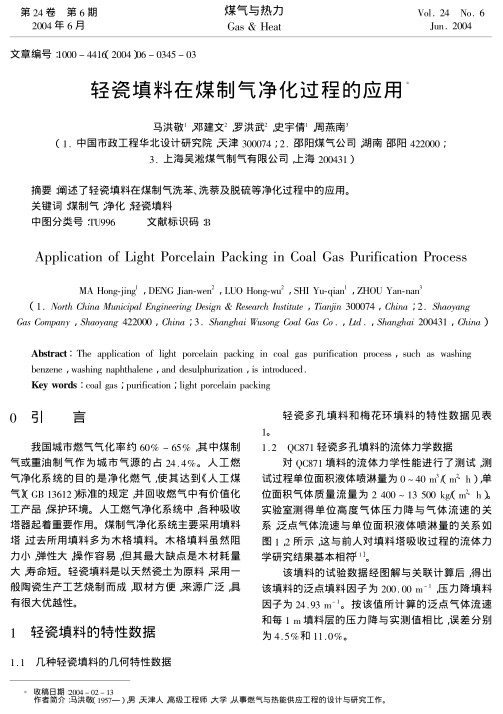 阐述了轻瓷填料在煤制气洗苯、洗萘及脱硫等净化过程中的应用。