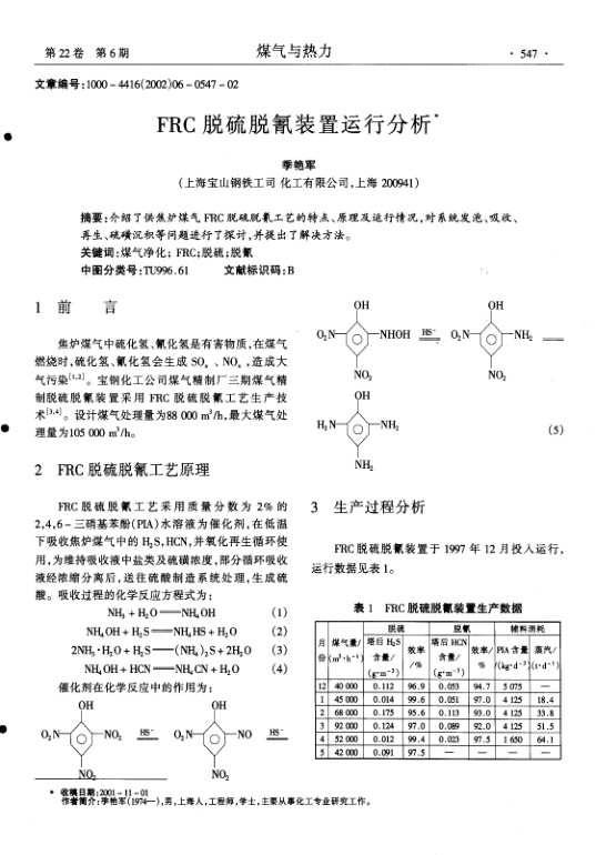 介绍了供焦炉煤气FRC脱硫脱氰工艺的特点、原理及运行情况,对系统发泡、吸收、再生、硫磺沉积等问题进行了探讨,并提出了解决方法.