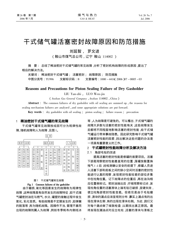 
总结了稀油密封干式储气罐的常见故障，分析了密封机构故障的形成原因，提出了相应的解决方法。