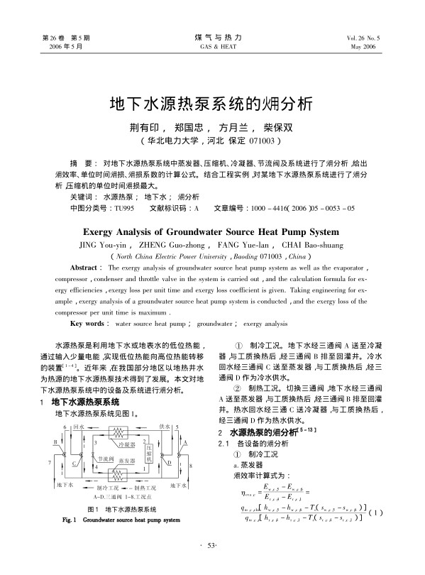 对地下水源热泵系统中蒸发器、压缩机、冷凝器、节流阀及系统进行火用 分析，给出火用效率、单位时间火用损、火用系数的计算公式。结合工程实例，对某地下水源热泵系统进行了火用分析，压缩机的单位时间火用损最大。