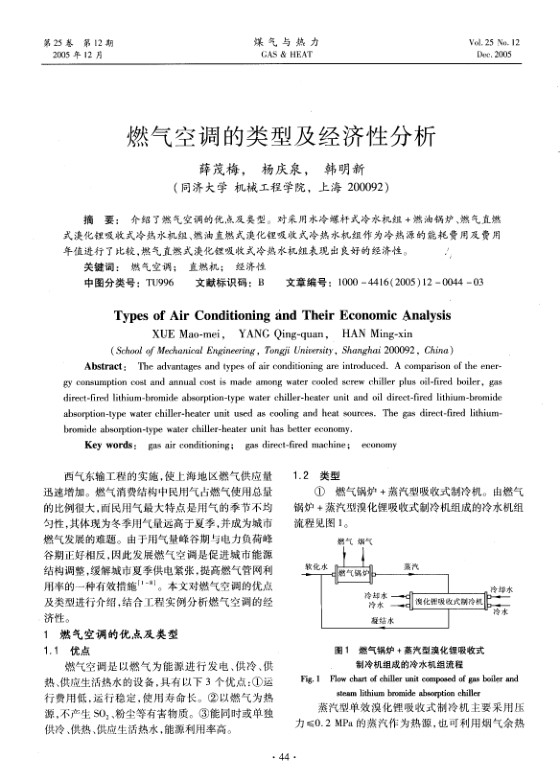 介绍了燃气空调的优点及类型。对采用水冷螺杆式冷水机组＋燃油锅炉、燃气直燃式溴化锂吸收式冷热水机组、燃油直燃式溴化锂吸收式冷热水机组作为冷热源的能耗费用及费用年值进行了比较，燃气直燃式溴化锂吸收式冷热水机组表现出良好的经济性。