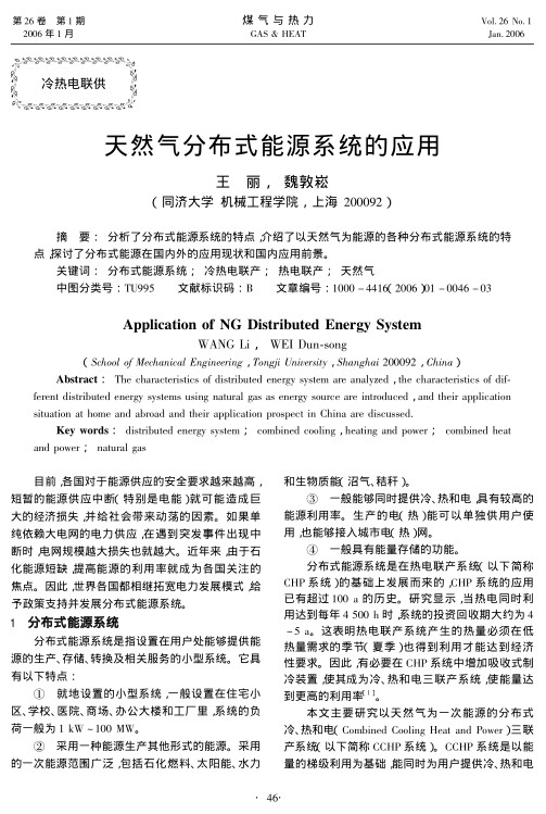 分析了分布式能源系统的特点，介绍了以天然气为能源的各种分布式能源系统的特点，探讨了分布式能源在国内外的应用现状和国内应用前景。