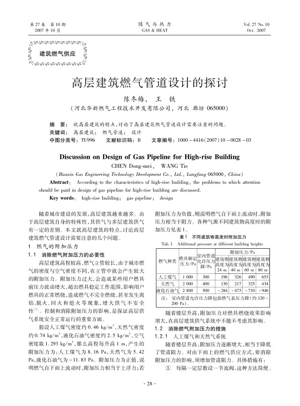 就高层建筑的特点，讨论了高层建筑燃气管道设计需要注意的问题。