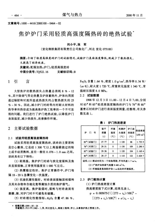 介绍了轻质高强度砖炉门的试验情况，试验炉门表面温度降低，既减少了散热损失，又提高了经济效益。