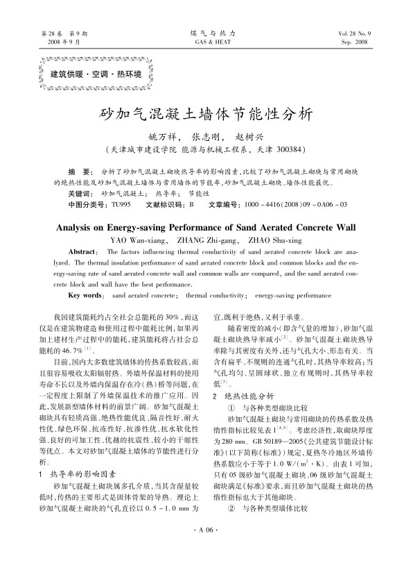 分析了砂加气混凝土砌块热导率的影响因素，比较了砂加气混凝土砌块与常用砌块的绝热性能及砂加气混凝土墙体与常用墙体的节能率，砂加气混凝土砌块、墙体性能最优。
