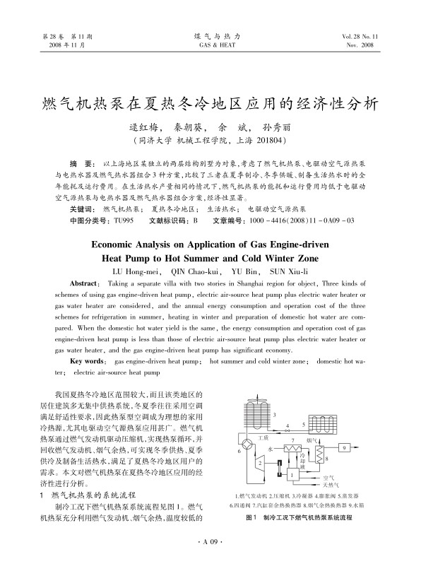 以上海地区某独立的两层结构别墅为对象，考虑了燃气机热泵、电驱动空气源热泵与电热水器及燃气热水器组合3种方案，比较了三者在夏季制冷、冬季供暖、制备生活热水时的全年能耗及运行费用。在生活热水产量相同的情况下，燃气机热泵的能耗和运行费用均低于电驱动空气源热泵与电热水器及燃气热水器组合方案，经济性显著。