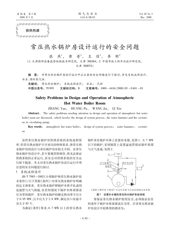 对常压热水锅炉房设计运行中应注意的安全问题进行了探讨，涉及系统流程设计、水击、循环泵汽蚀。