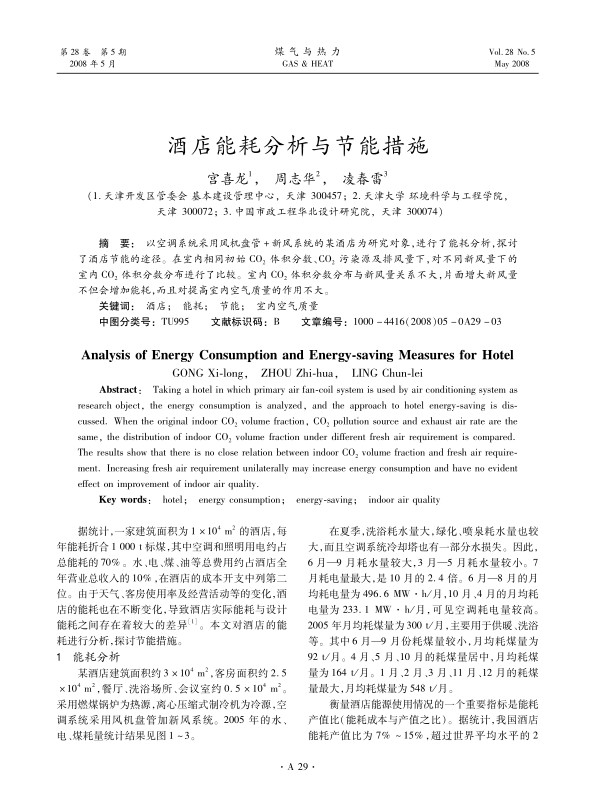 以空调系统采用风机盘管+新风系统的某酒店为研究对象，进行了能耗分析，探讨了酒店节能的途径。在室内相同初始CO2体积分数、CO2污染源及排风量下，对不同新风量下的室内CO2体积分数分布进行了比较。室内CO2体积分数分布与新风量关系不大，片面增大新风量不但会增加能耗，而且对提高室内空气质量的作用不大。
