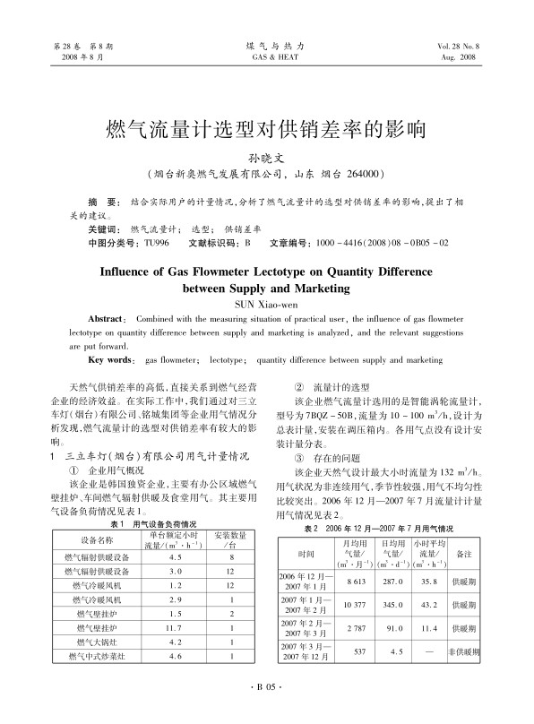 结合实际用户的计量情况，分析了燃气流量计的选型对供销差率的影响，提出了相关的建议。