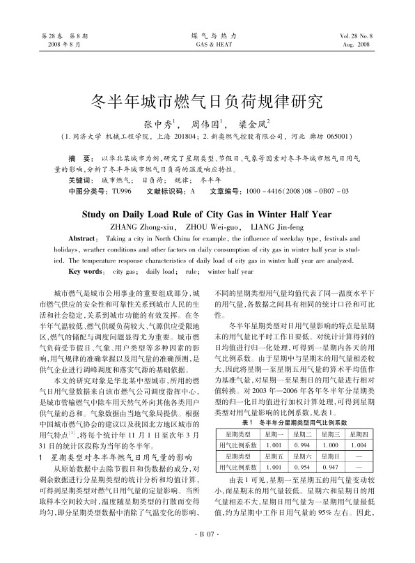 以华北某城市为例，研究了星期类型、节假日、气象等因素对冬半年城市燃气日用气量的影响，分析了冬半年城市燃气日负荷的温度响应特性。