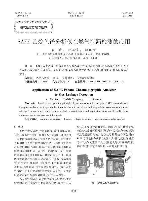 SAFE乙烷色谱分析仪是利用气相色谱分析法的工作原理，判断混合气体中是否含有乙烷来区分沼气与天然气。介绍了SAFE乙烷色谱分析仪的工作原理、使用方法、特点以及应用情况。
