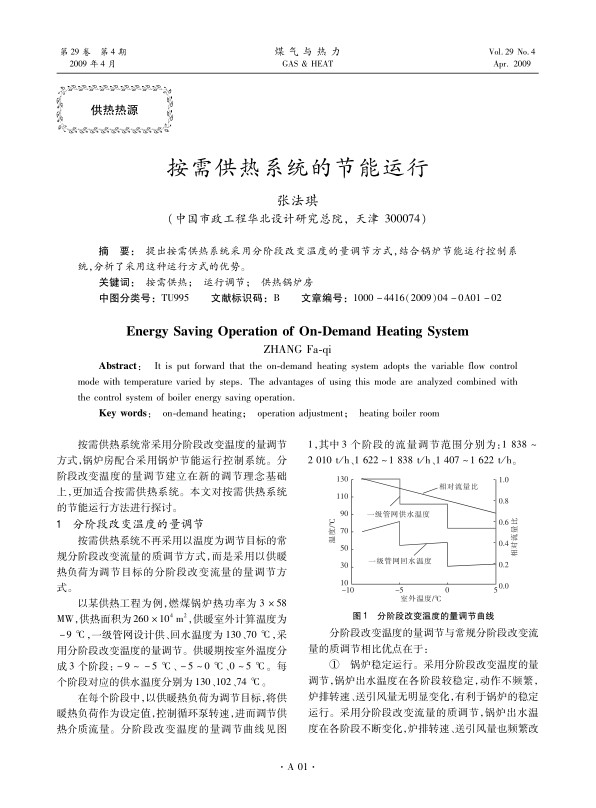 提出按需供热系统采用分阶段改变温度的量调节方式，结合锅炉节能运行控制系统，分析了采用这种运行方式的优势。