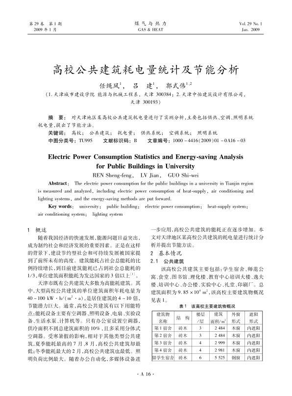 对天津地区某高校公共建筑耗电量进行了实测分析，主要包括供热、空调、照明系统耗电量，提出了节能方法。