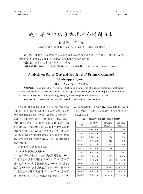 对1981年至2005年我国集中供热发展概况及现状进行了介绍。针对北京、天津、内蒙古等16个地区，分析了供热系统存在的主要问题及产生原因。