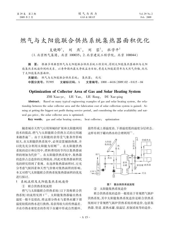 根据多项典型燃气与太阳能联合供热系统工程实例，得到太阳能集热器面积与太阳能集热系统造价间的关系。以寿命期内最大净收益为目标，考虑太阳能获得率与天然气价格，优化了太阳能集热器面积。