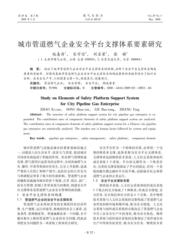 论述了城市管道燃气企业安全平台支撑体系的结构，分析了安全平台支撑体系构成要素的贡献率。对国内某城市管道燃气企业安全平台支撑体系的构成要素的贡献率进行了统计与分析。在安全生产中，人的因素占第一位，制度其次，设备再次。