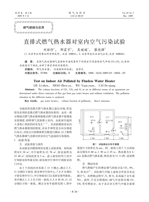 在燃气热水器烟气直排和不通风条件下对居室不同房间空气中的CO、CO2、O2 体积分数进行了测试，分析了居室内的污染情况。