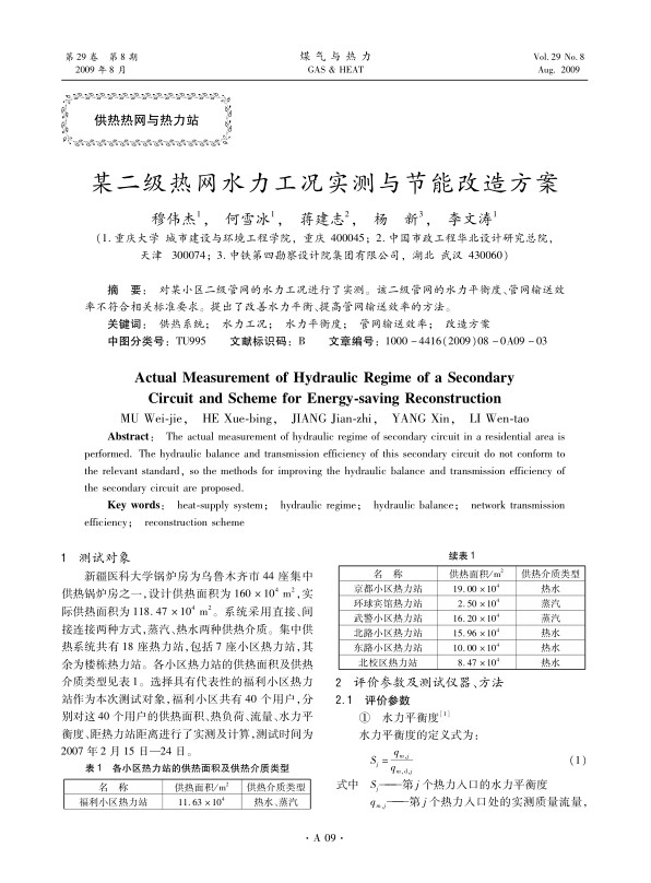 对某小区二级管网的水力工况进行了实测。该二级管网的水力平衡度、管网输送效率不符合相关标准要求。提出了改善水力平衡、提高管网输送效率的方法。