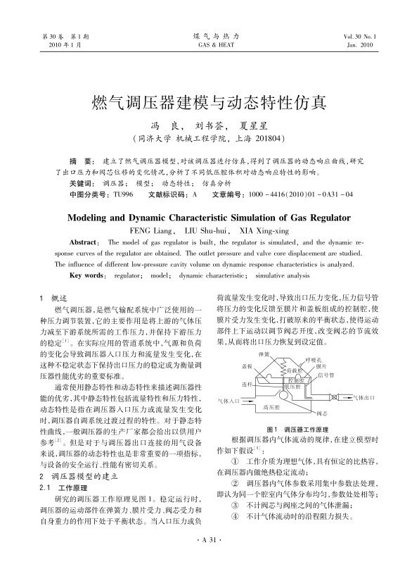 建立了燃气调压器模型，对该调压器进行仿真，得到了调压器的动态响应曲线，研究了出口压力和阀芯位移的变化情况，分析了不同低压腔体积对动态响应特性的影响。
