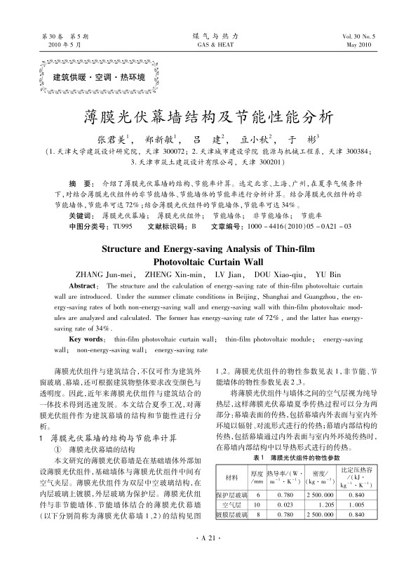 介绍了薄膜光伏幕墙的结构、节能率计算。选定北京、上海、广州，在夏季气候条件下，对结合薄膜光伏组件的非节能墙体、节能墙体的节能率进行分析计算。结合薄膜光伏组件的非节能墙体，节能率可达72%；结合薄膜光伏组件的节能墙体，节能率可达34%。