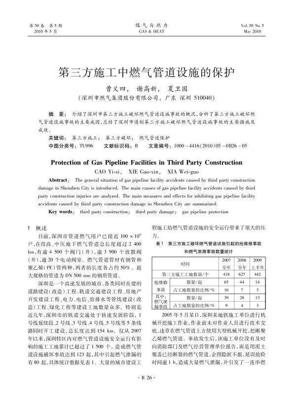 介绍了深圳市第三方施工破坏燃气管道设施事故的概况，分析了第三方施工破坏燃气管道设施事故的主要成因，总结了深圳市遏制第三方施工破坏燃气管道设施事故的主要措施及成效。