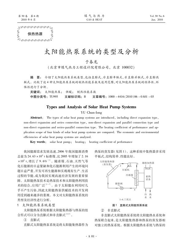 介绍了太阳能热泵系统类型，包括直膨式、非直膨串联式、非直膨并联式、非直膨混联式。比较了这4种太阳能热泵系统的制热性能系数及适用范围，对太阳能热泵系统的经济性、环保性进行了分析。
