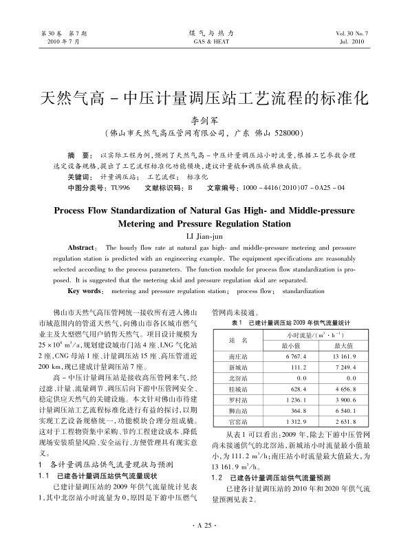 以实际工程为例，预测了天然气高-中压计量调压站小时流量，根据工艺参数合理选定设备规格，提出了工艺流程标准化功能模块，建议计量橇和调压橇单独成橇。