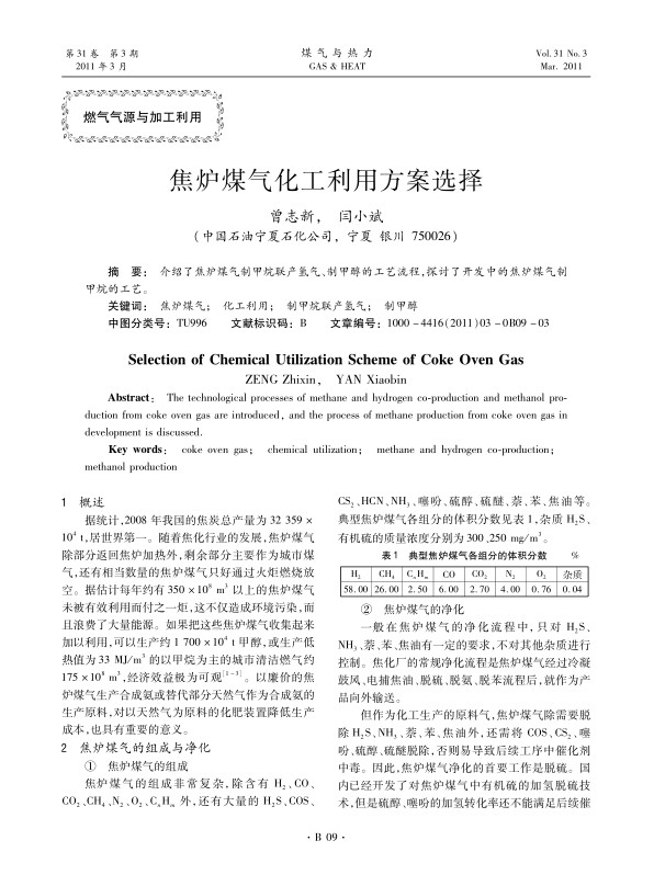  介绍了焦炉煤气制甲烷联产氢气、制甲醇的工艺流程，探讨了开发中的焦炉煤气制甲烷的工艺。
  