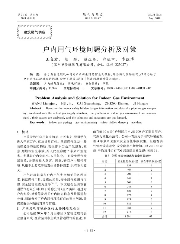 基于某管道燃气公司的户内安全隐患信息及数据，结合供气实际情况，归纳总结了户内用气环境存在的问题，分析了原因，提出了解决问题的对策与措施。