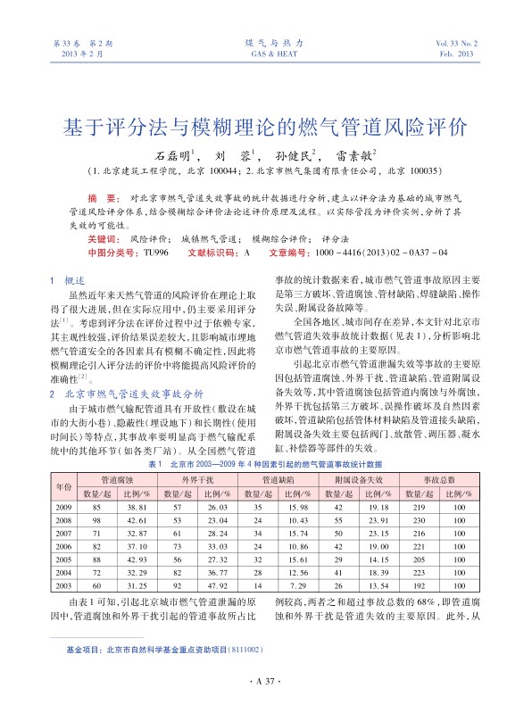 对北京市燃气管道失效事故的统计数据进行分析，建立以评分法为基础的城市燃气管道风险评分体系，结合模糊综合评价法论述评价原理及流程。以实际管段为评价实例，分析了其失效的可能性。