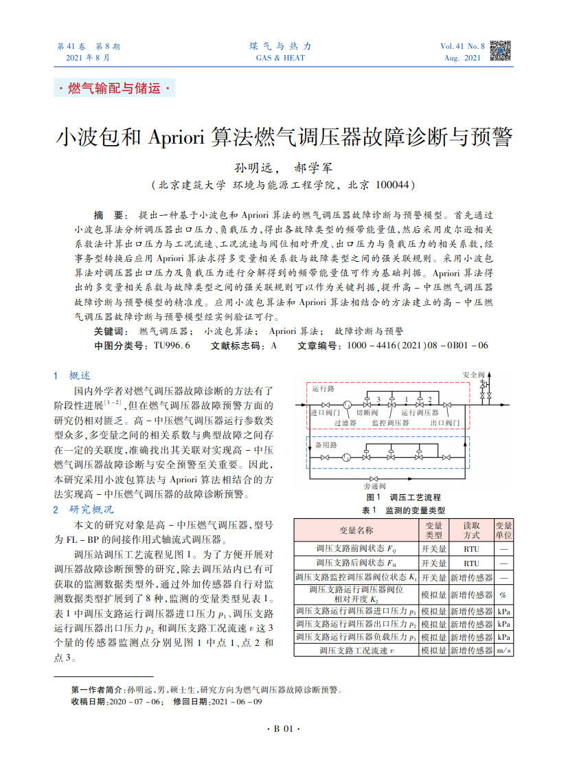 提出一种基于小波包和Apriori算法的燃气调压器故障诊断与预警模型。首先通过小波包算法分析调压器出口压力、负载压力，得出各故障类型的频带能量值，然后采用皮尔逊相关系数法计算出口压力与工况流速、工况流速与阀位相对开度、出口压力与负载压力的相关系数，经事务型转换后应用Apriori算法求得多变量相关系数与故障类型之间的强关联规则。采用小波包算法对调压器出口压力及负载压力进行分解得到的频带能量值可作为基础判据。Apriori算法得出的多变量相关系数与故障类型之间的强关联规则可以作为关键判据，提升高-中压燃气调压器故障诊断与预警模型的精准度。应用小波包算法和Apriori算法相结合的方法建立的高-中压燃气调压器故障诊断与预警模型经实例验证可行。