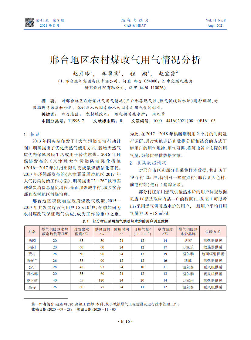 对邢台地区农村煤改气用气情况（用户配备燃气灶、燃气供暖热水炉）进行调研，对数据进行采集和分析。探讨非人为因素和人为因素对用气量的影响。